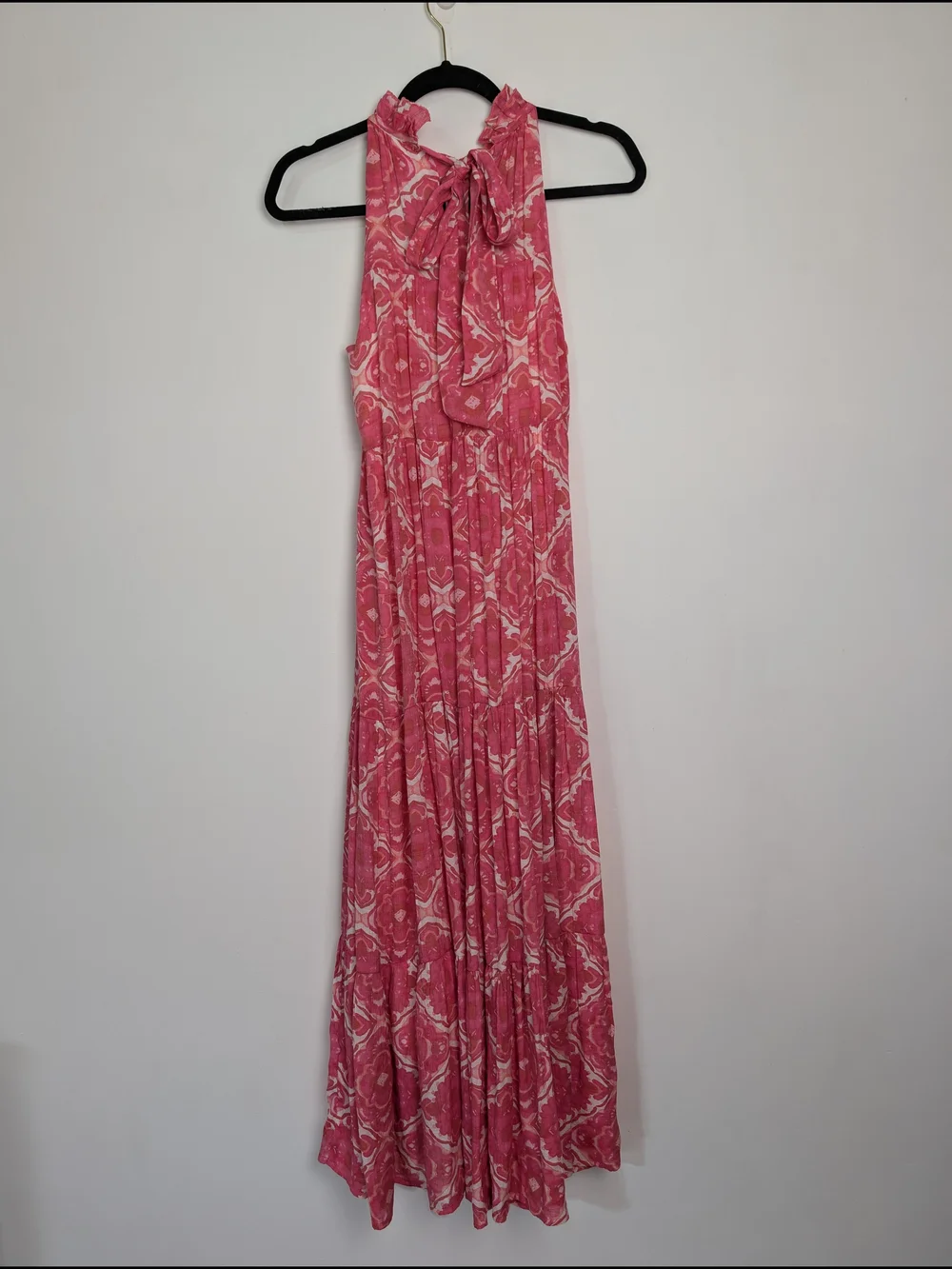 Halter Neck Flowy Geometric Tiered Maxi Dress Size S Summer Garden Party Boho